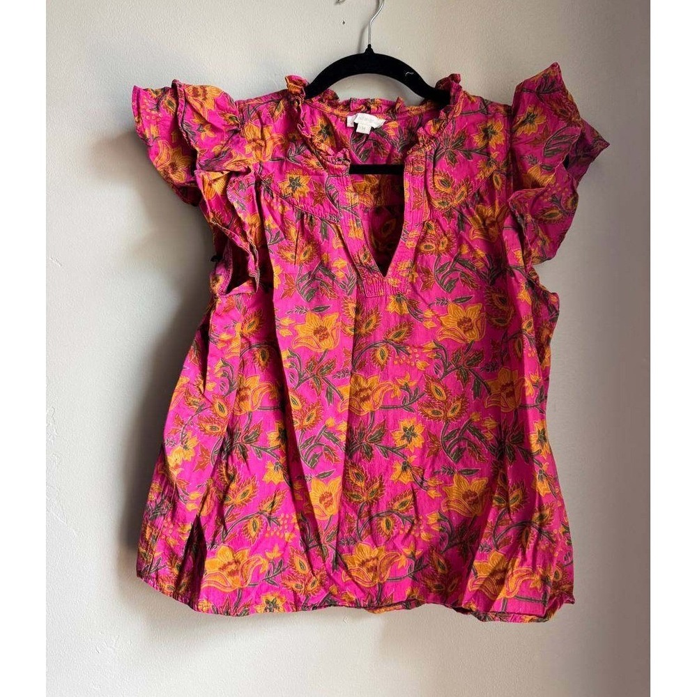 Jennifer & Grace Pink Floral Block Print Flutter Sleeve Boho Top M Cottagecore
